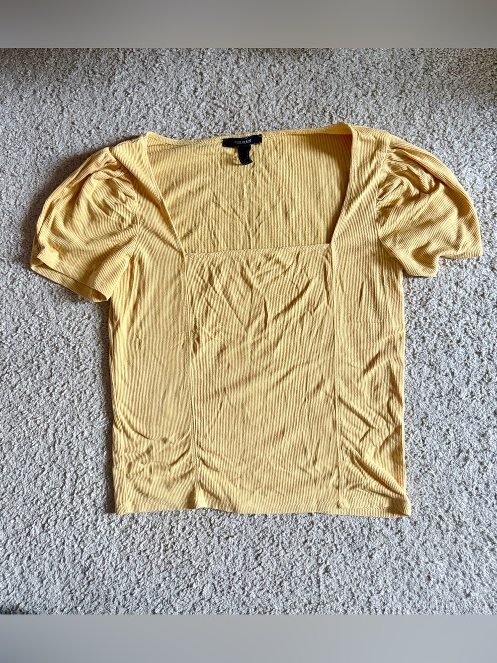 Forever 21 Yellow Square Neck Ribbed Puff-Sleeve Tee